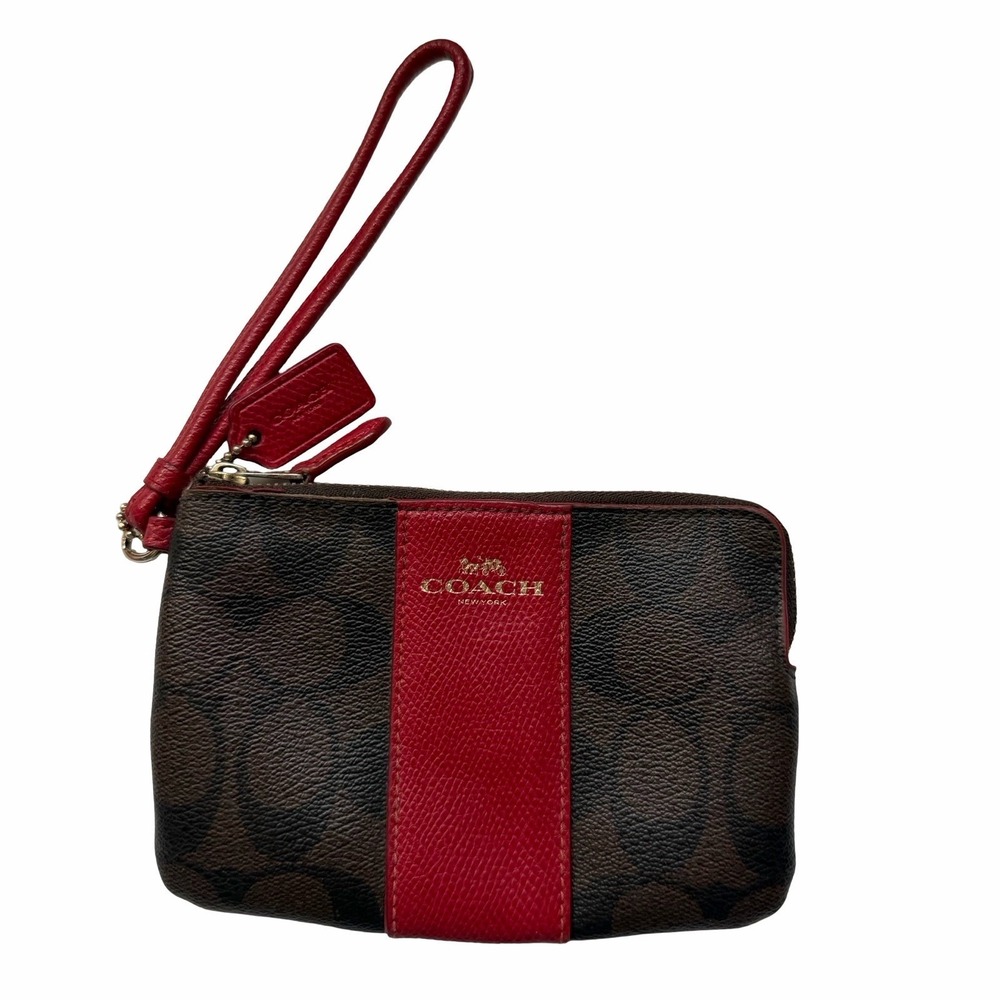 Coach Large Corner Zip Canvas Leather Monogram Wristlet Brown Red Wallet F54629